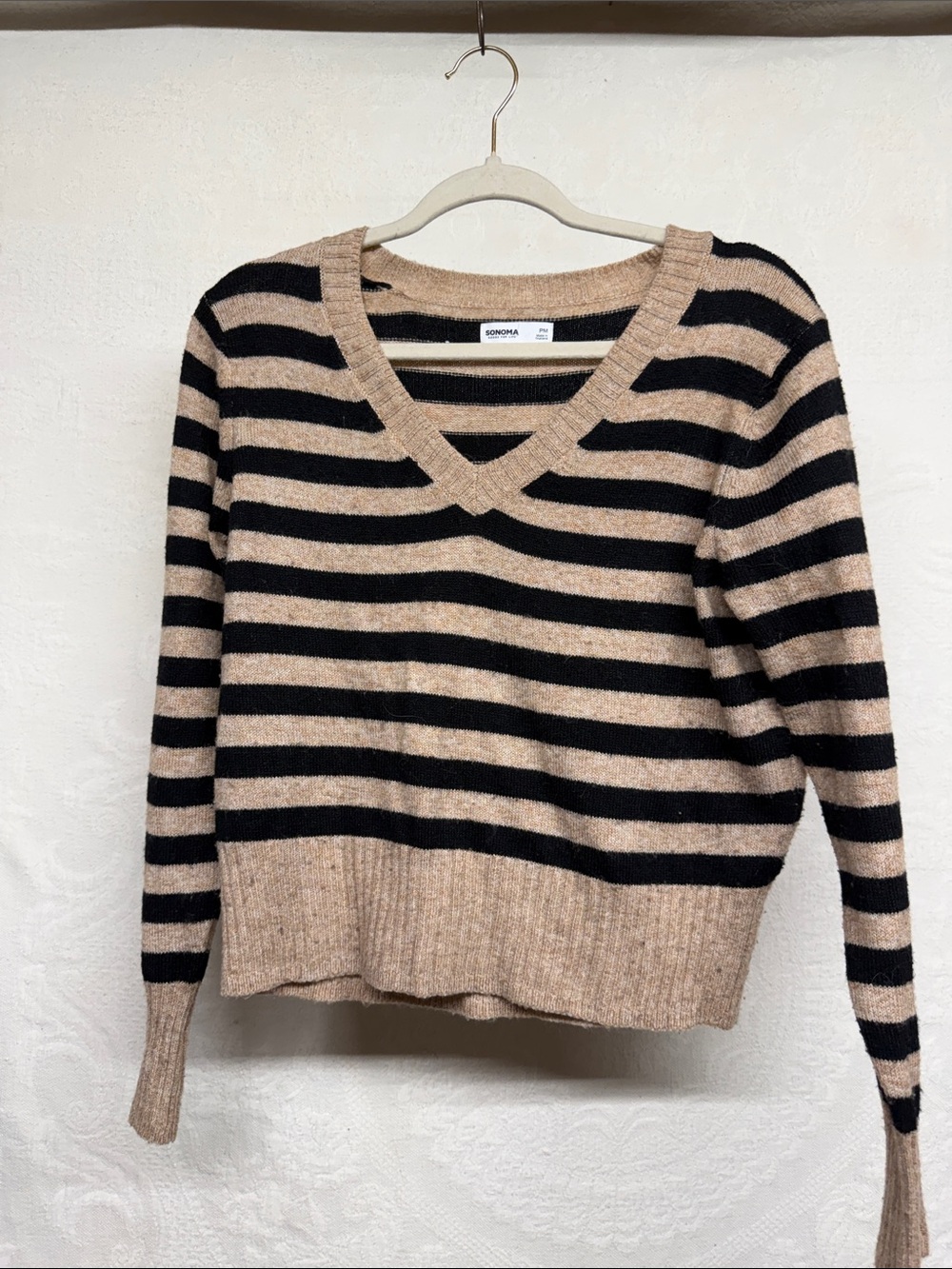 Sonoma Beige and Black Striped V-Neck Sweater
